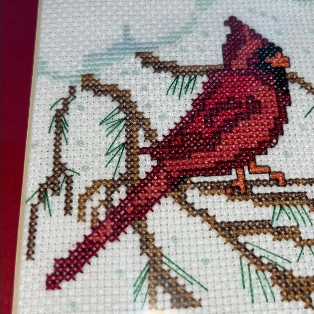 Framed Cardinal Bird Winter Evergreen Cross-Stitch‎ Art 8.5x11”